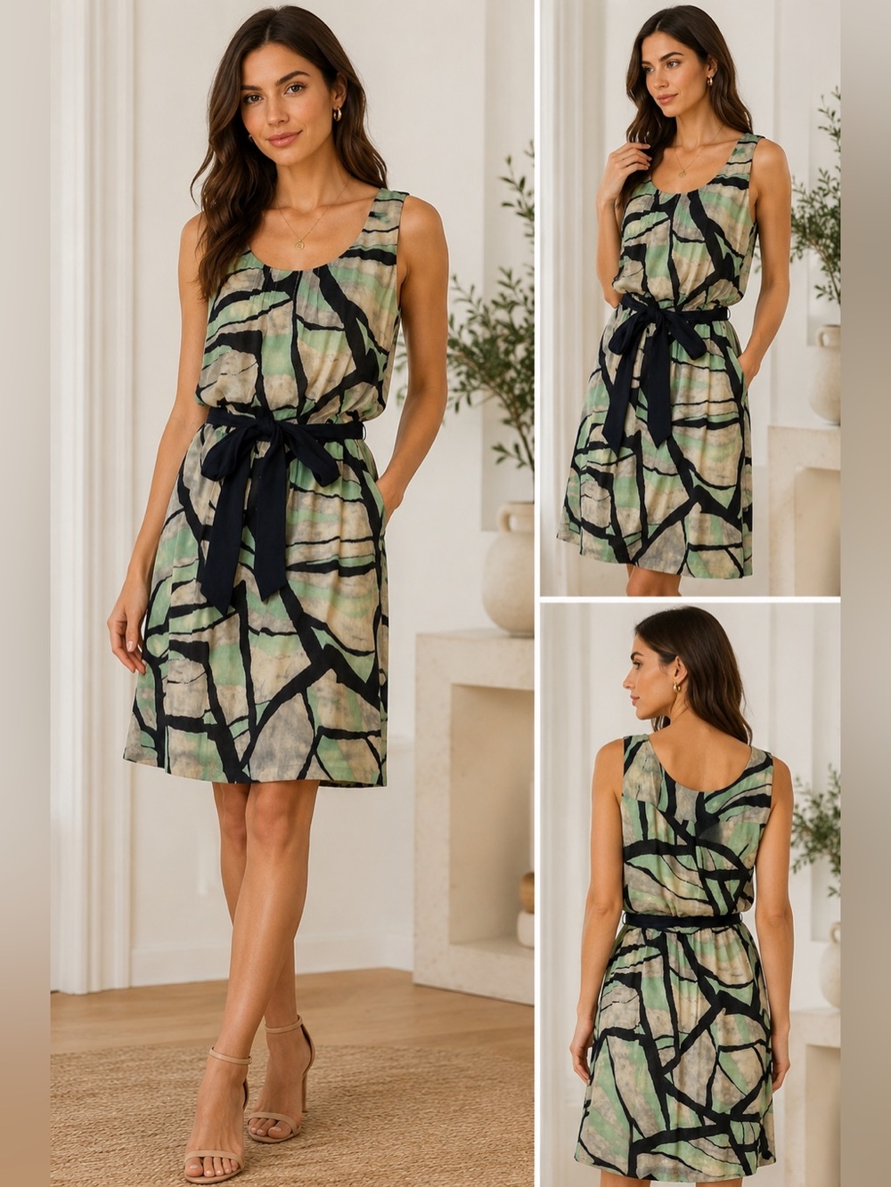 Anthropologie Odille Green & Black Abstract Watercolor Blouson Summer Dress